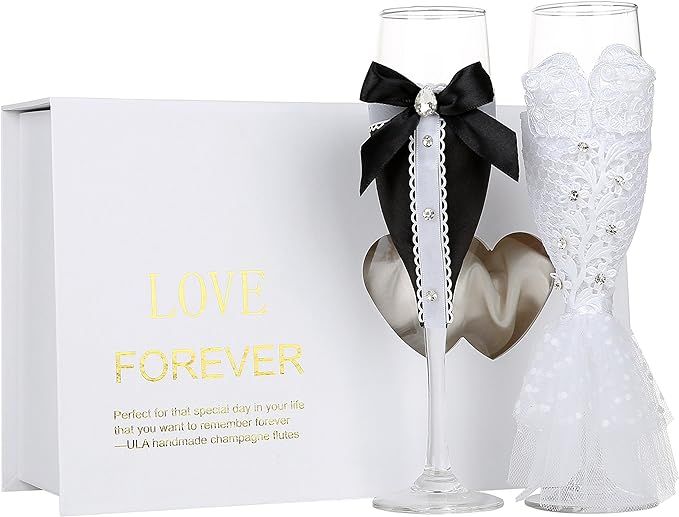 Handmade Wedding Dress Champagne Flutes Bride and Groom Champagne Glasses Bridal Shower Gifts,Wed... | Amazon (US)