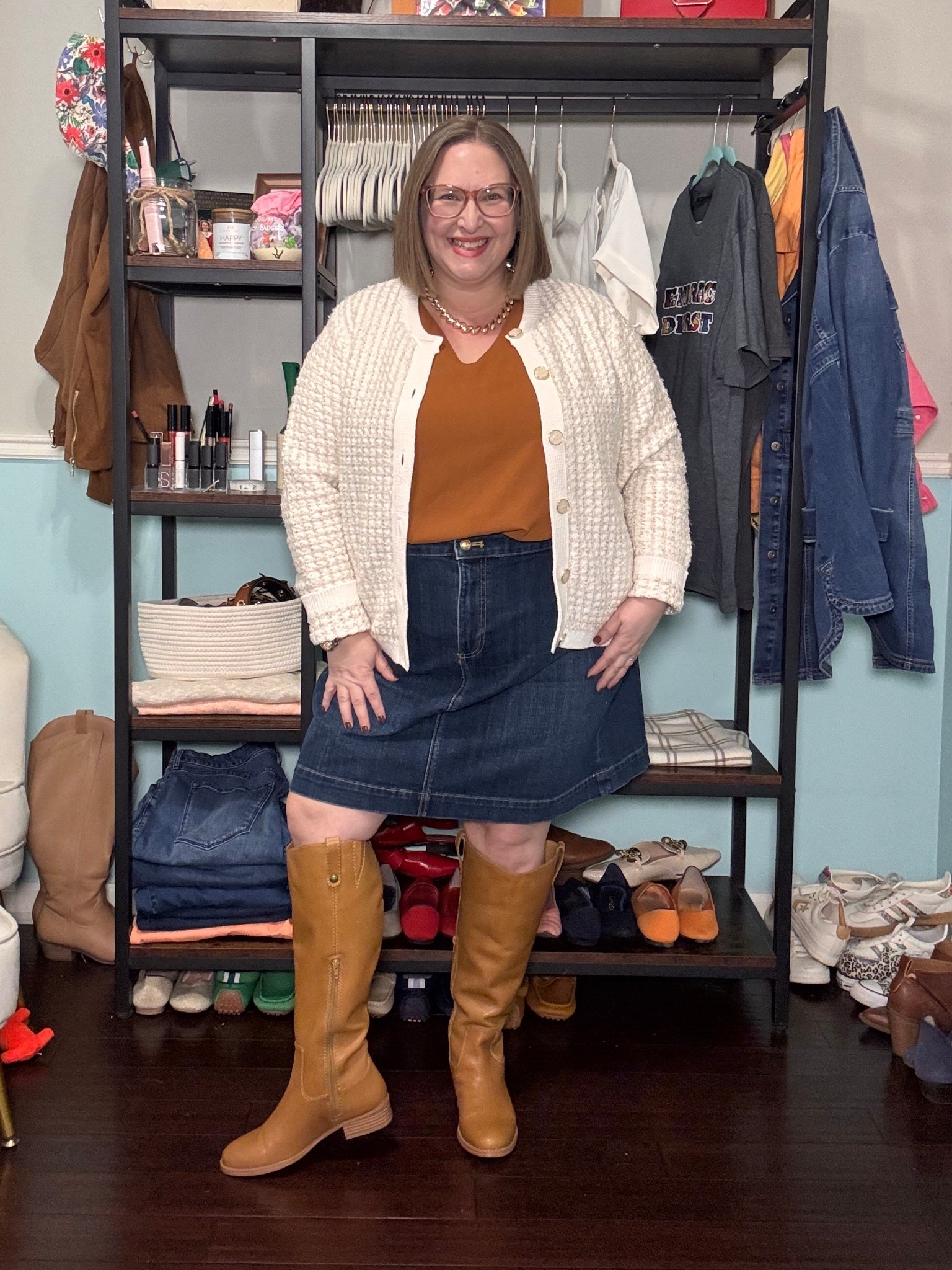 I love this outfit so much! Total teacher OOTD win!

The shirt I’m wearing is the exact one linked, but the color is discontinued. I love it in the ivory & Santorini blue for springs. I wear xxl

Skirt is old from Talbots - I’m wearing 18 pp  

My boots are my true size in wide calf. 

I sized down in the lash jacket cardigan 

#LTKPlusSize #LTKootd #LTKPetite