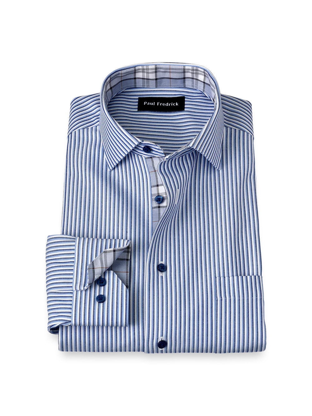 Non-Iron Cotton Stripe Dress Shirt With Contrast Trim - Blue | Paul Fredrick MenStyle