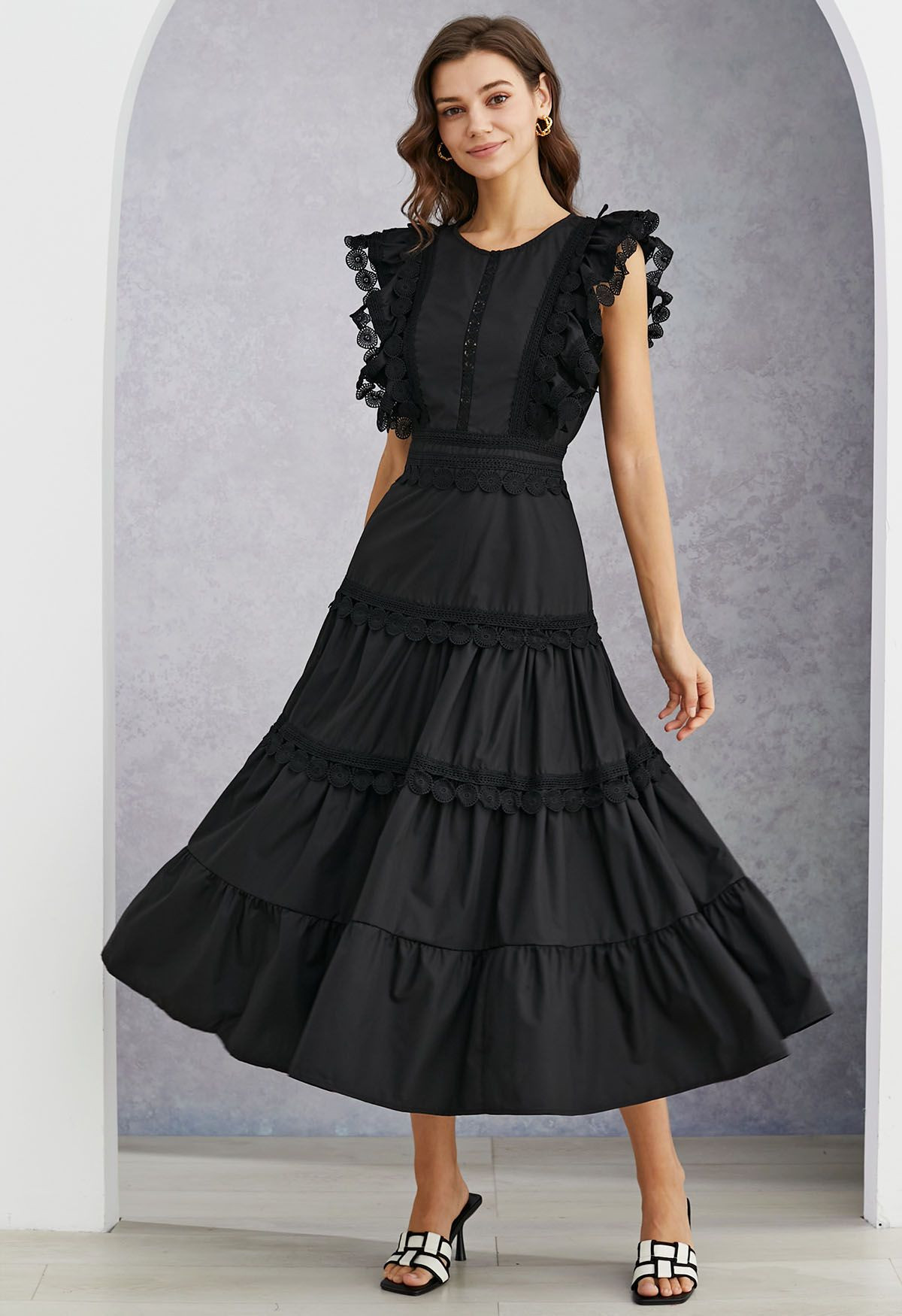 Crochet Trim Sleeveless Midi Dress in Black | Chicwish