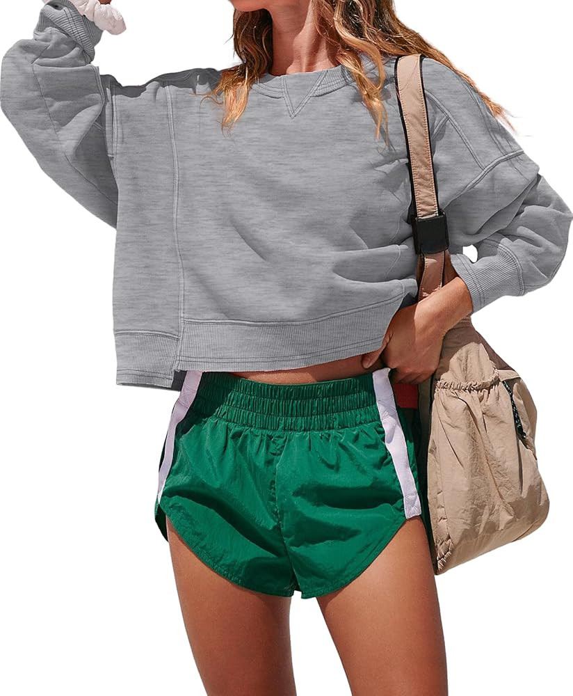 Darong Women's Oversized Cropped Sweatshirts Crewneck Long Sleeve Workout Pullover Hoodies Fall F... | Amazon (US)