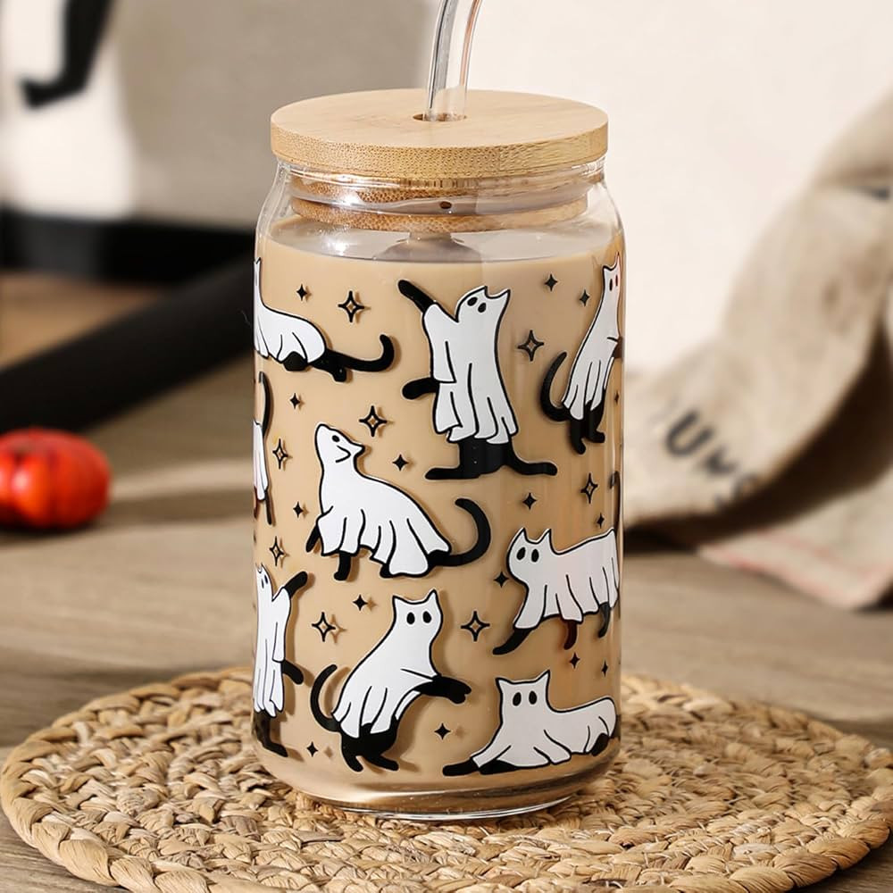 Halloween Glass Cup, 16oz Ghost Cat Iced Coffee Cups with Lids and Straws, Cute Drinking Can Jar,... | Amazon (US)
