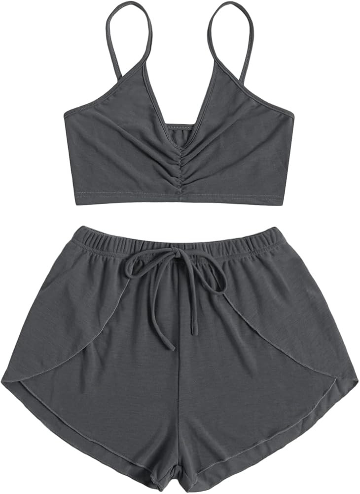SweatyRocks Women's 2 Piece Lounge Set Ruched V Neck Cami Crop Top and Shorts Pajama Set | Amazon (US)