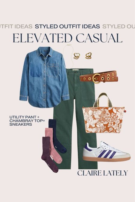 Styled outfit idea: elevated casual for work or weekend. Chambray top, utility pant, perforated belt, adidas samba sneakers, socks, Clare v x mother tote bag, double heart earrings 
Love, Claire Lately 
Love, Claire Lately 
❤️ Claire Lately 

#LTKitbag #LTKstyletip #LTKover40