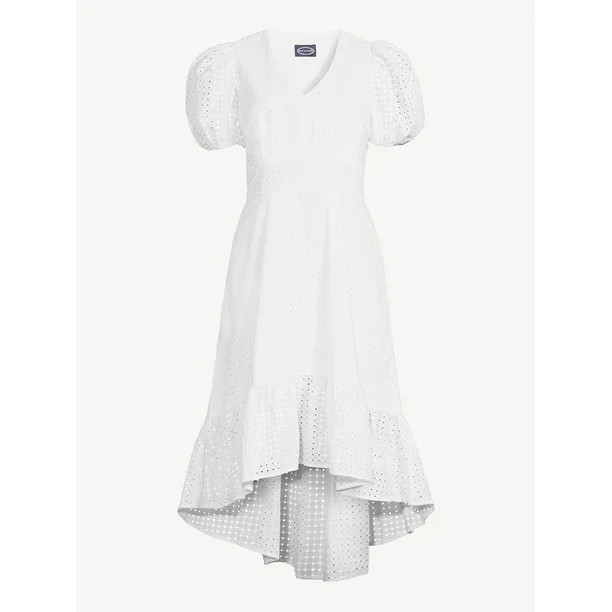 Scoop Women's High Low Eyelet Midi Dress with Puff Sleeves - Walmart.com | Walmart (US)