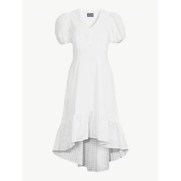 Scoop Women's High Low Eyelet Midi Dress with Puff Sleeves - Walmart.com | Walmart (US)
