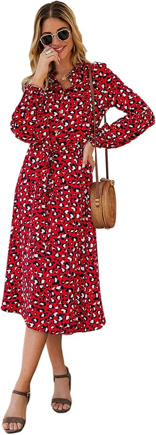 Floerns Women's Leopard Print Long Sleeve Tie Waist Midi Dress | Amazon (US)