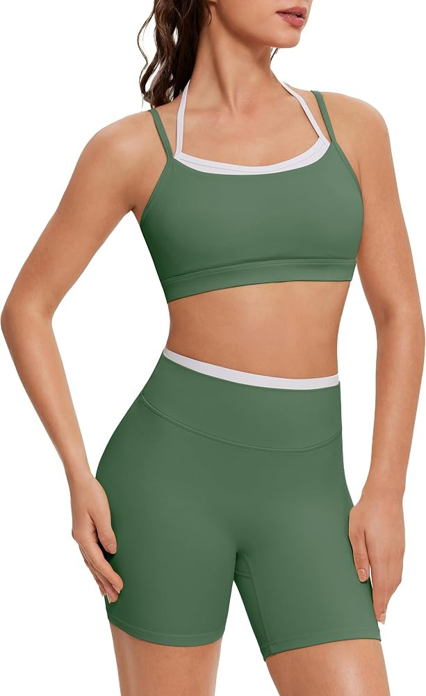 OMKAGI Workout Sets for Women Cute Doubel Layer Open Back Sports Bras Gym Shorts Outfits | Amazon (US)