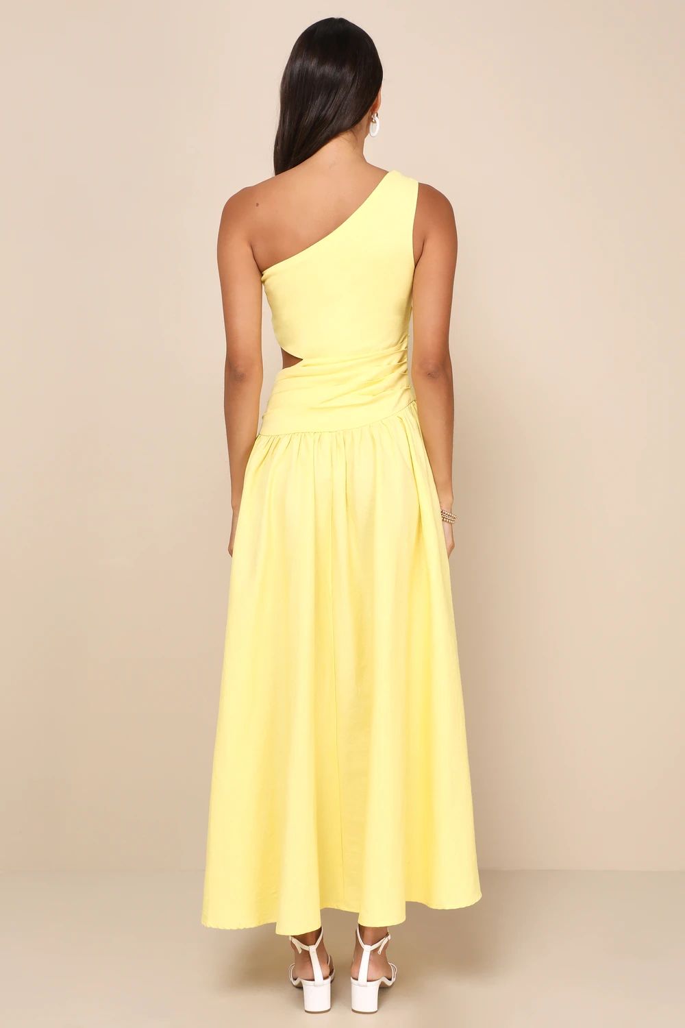 Sunny Persuasion Yellow Linen Cutout One-Shoulder Midi Dress | Lulus