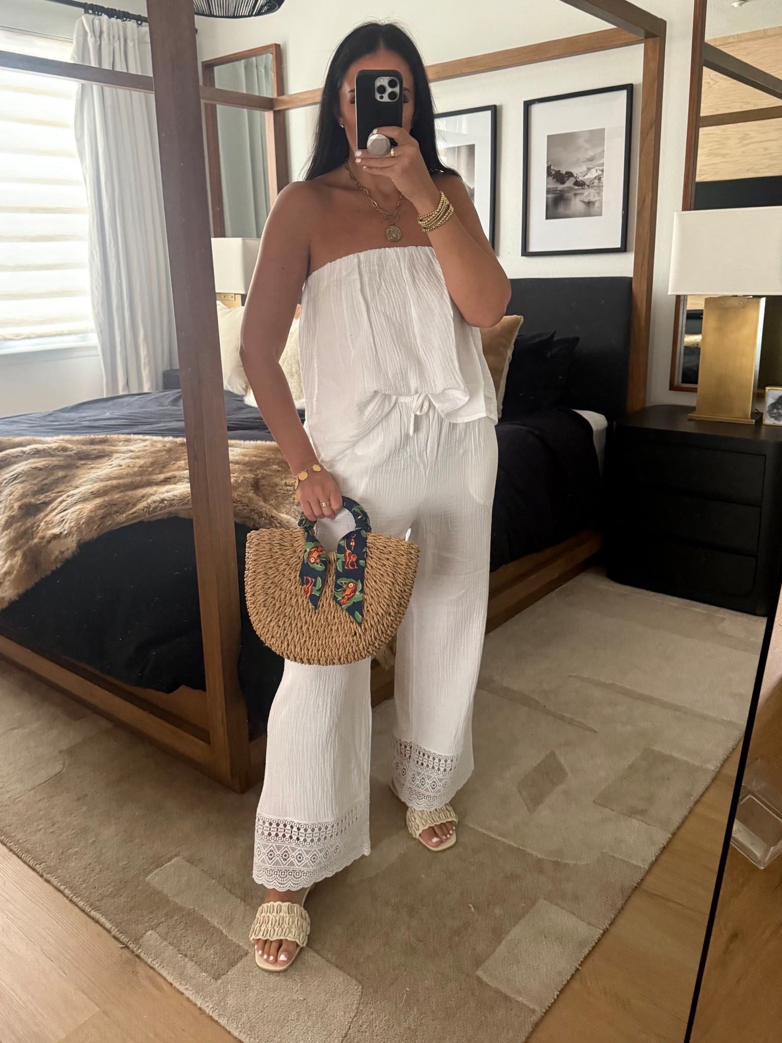 Flowy Gauze Tube Top. High Waisted Gauze Lace Hem Pull On Wide Leg Ankle Pant
