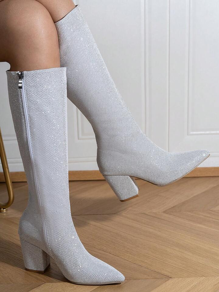 Women's High Heel Knee-high Boots With Pointed Toe, Chunky Heel And Side Zipper | SHEIN