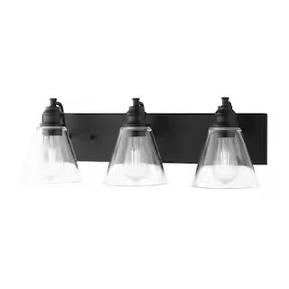 Hampton Bay Manor 24 in. 3-Light Matte Black Industrial Bathroom Vanity Light with Clear Glass Sh... | The Home Depot