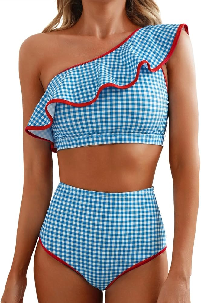 Women's One Shoulder Bikini Sets Color Block Trim Ruffle Hem Swimsuits Elegant Bathing Suits | Amazon (US)