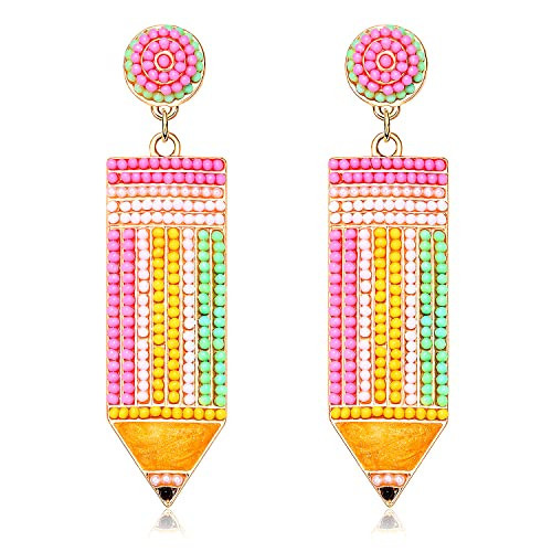 Teacher Earrings Beaded Pencil Earrings for Women Handmade Beaded Dangle Drop Earrings Back To School Teacher Appreciation Gift (Colorful) | Amazon (US)