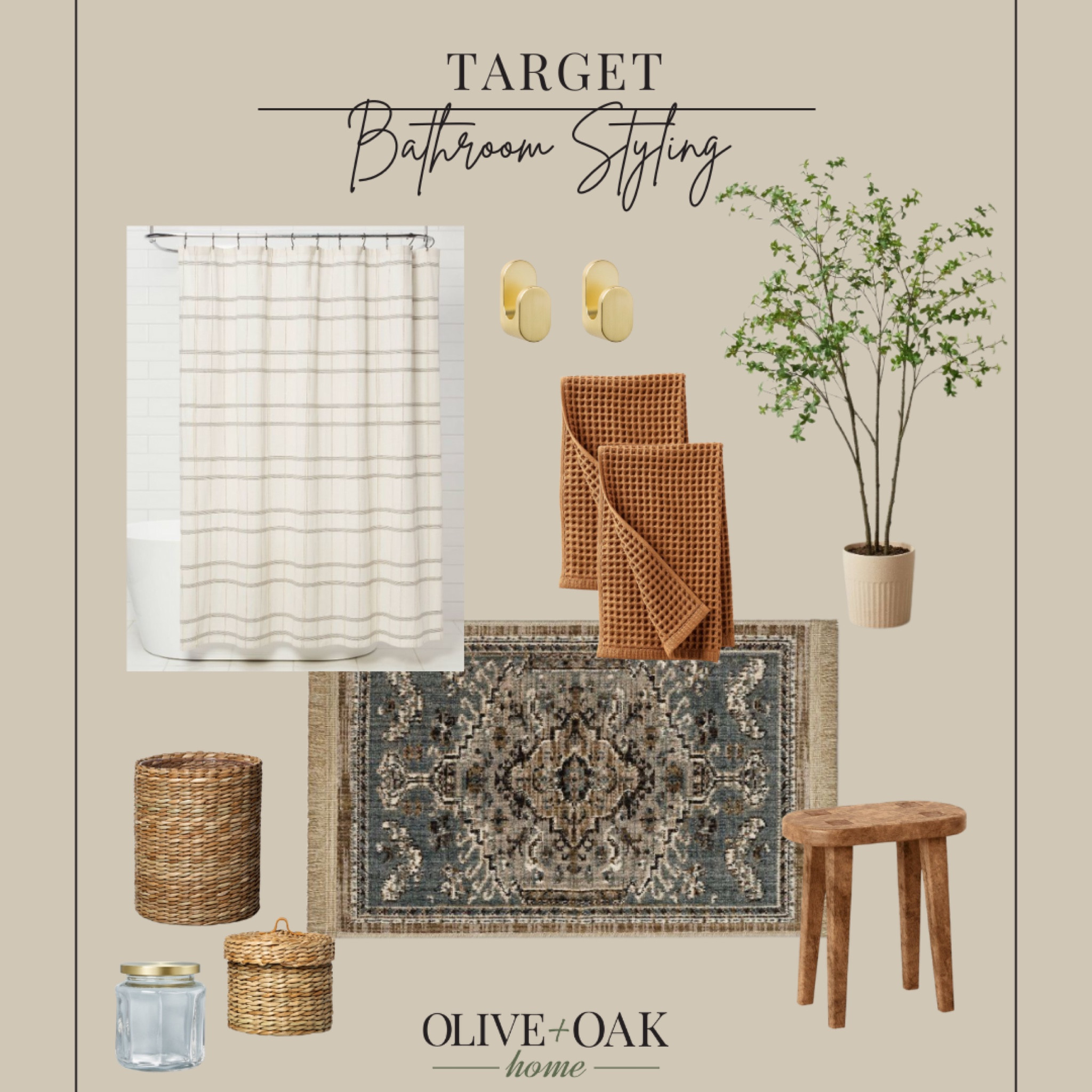 Target bathroom styling 

Bathroom styling stripes shower curtain vintage rug wood stool woven baskets glass jar warm tones towels faux tree gold hooks 

#LTKhome