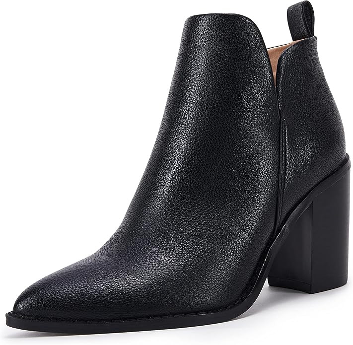 PiePieBuy Women's Side V Cutout Ankle Booties Pointed Toe Chunky Stacked Mid Heel Western Boots | Amazon (US)