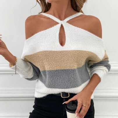 Women Off Shoulder Striped Casual Fashion Loose Slim Elegant Long Sleeve Sweater | SHEIN