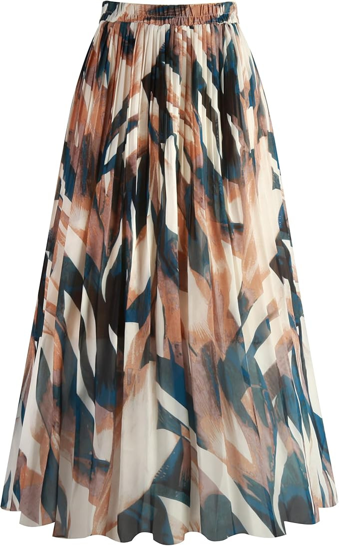 Kingfancy Women's Pleated Skirt Chiffon Elastic Waist A-Line Midi Length Skirt | Amazon (US)