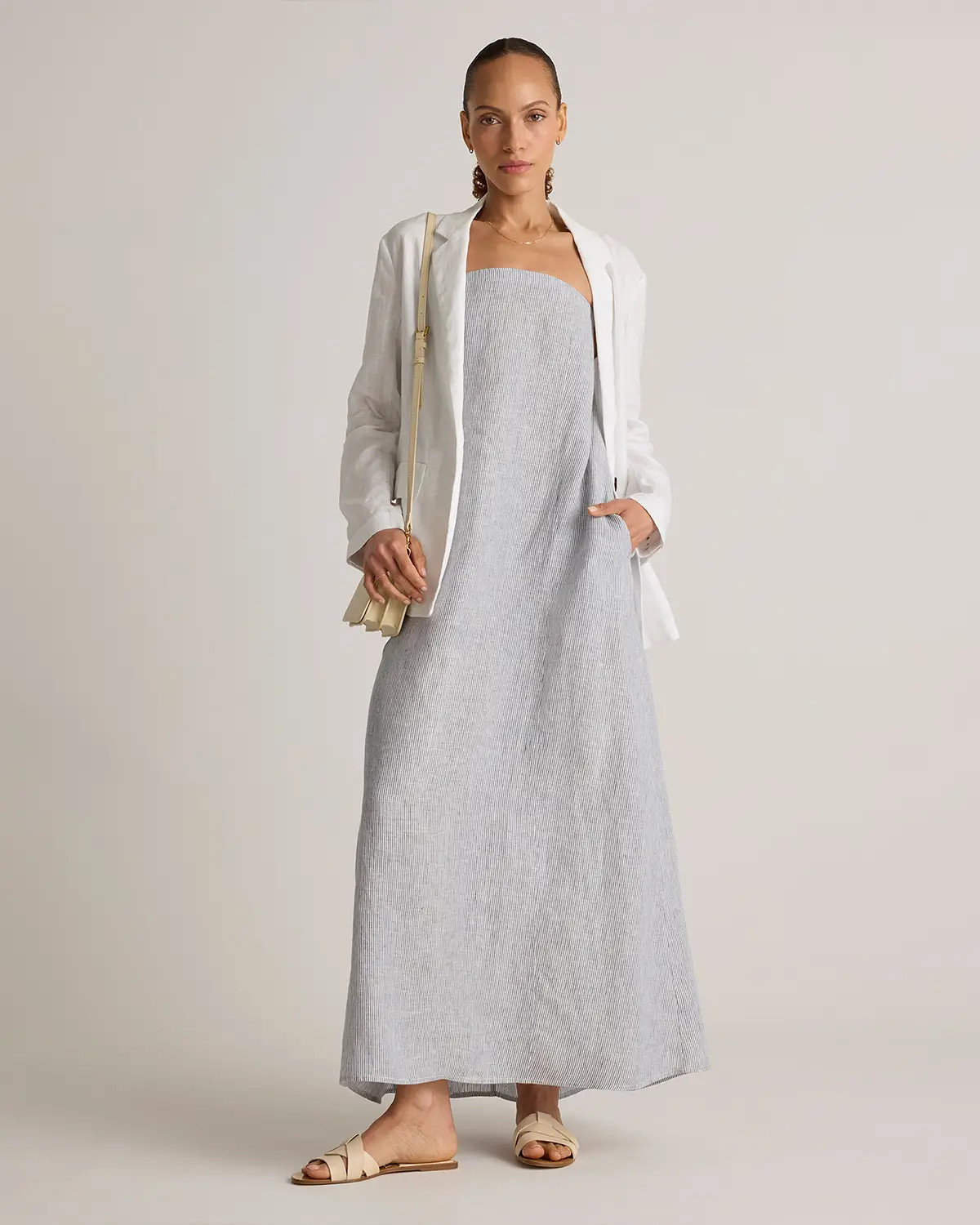 100% European Linen Strapless Maxi Dress in Blue Pinstripe | Quince