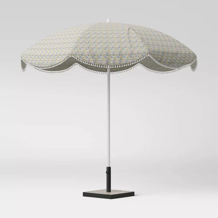 8.5' x 8.5' Scalloped Floral Print with Pom Poms Patio Umbrella DuraSeason Fabric™ Green - Whit... | Target