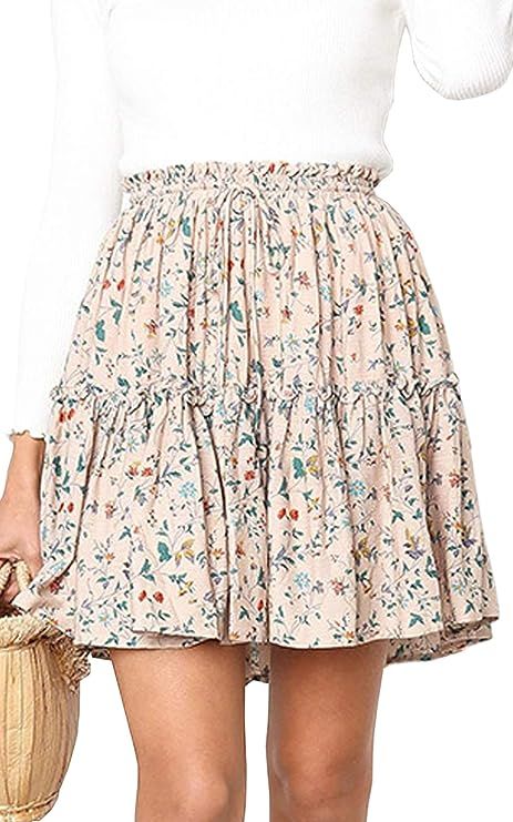 Hibluco Women' Floral Layered Ruffles Tie up High Waist Short Pleated Skirt | Amazon (US)