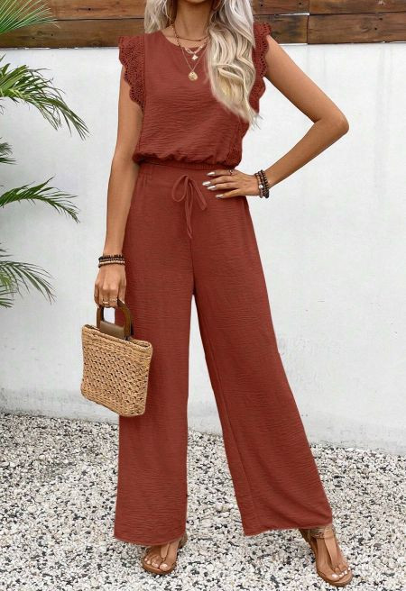 Crochet Sleeveless Top and Drawstring Pants Set in Rust | Chicwish