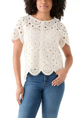 Wonderly Women's Short Sleeve Crochet T-Shirt, White, Large | Belk
