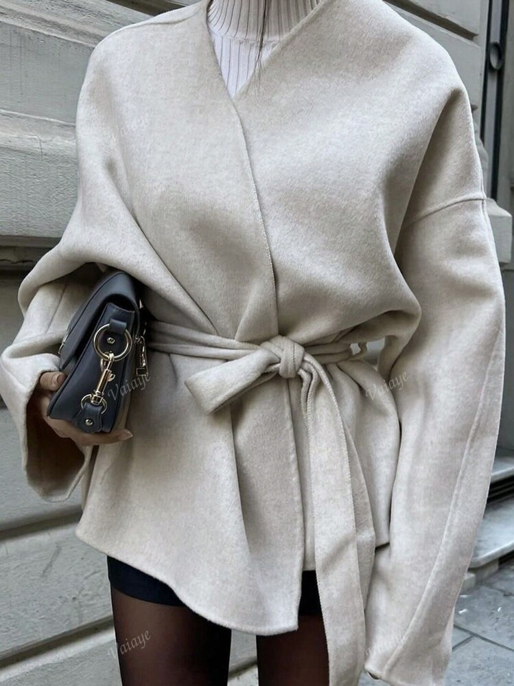 Vaiaye Fall/Winner Clothes For Women Elegant Temperament, Fashionable Old Money Style And Simple Shoulder Sleeves, Crossed Straps, Loose Fit Woolen Jacket,Suitable For Office Wear,Business Casual Woman.And Campus Wear Jacket | SHEIN