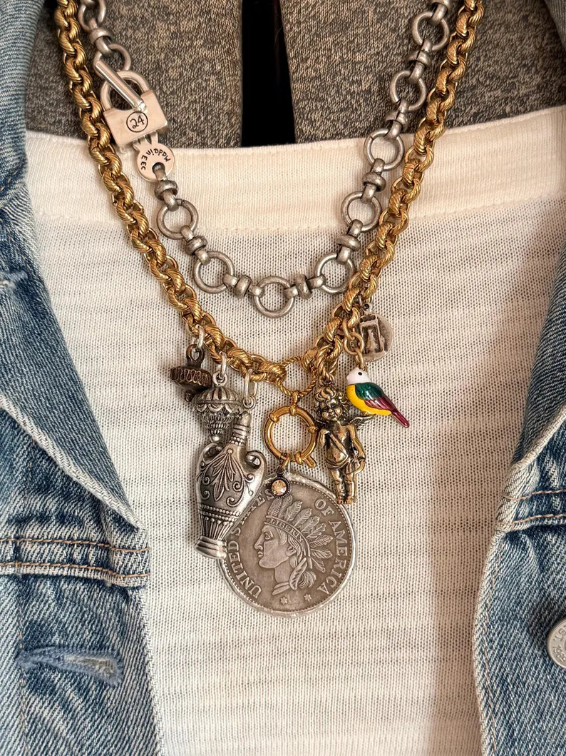 Vintage style chunky brass chain charm necklace:  large native American coin replica, 3-D mixed m... | Etsy (Global)