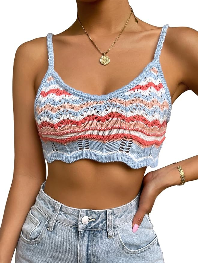 OYOANGLE Women's Colorblock Sleeveless Knitted Crochet Cami Crop Tops | Amazon (US)