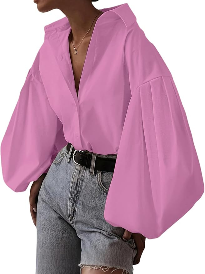 Women's Lapel Collar Button Down Lantern Long Sleeve Blouse Shirt Top | Amazon (US)