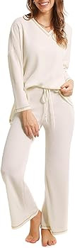 Becotal Women's 2 Piece Waffle Knit Pajama Set Cozy Lounge Set Long Sleeve V Neck Top and Sweatpa... | Amazon (US)