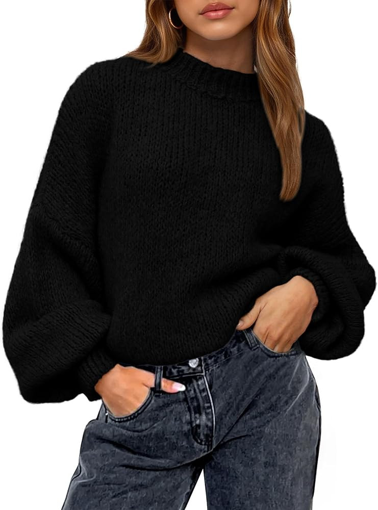 BTFBM Sweaters for Women Fall 2026 Crew Neck Lantern Long Sleeve Oversized Sweater Casual Knit Wi... | Amazon (US)