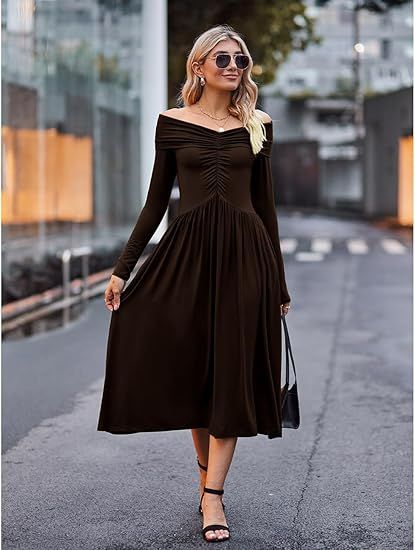 Oumrdeo Women 2023 Fall Dress Casual Long Sleeve Off Shoulder Wedding Guest Cocktail Party Swing ... | Amazon (US)