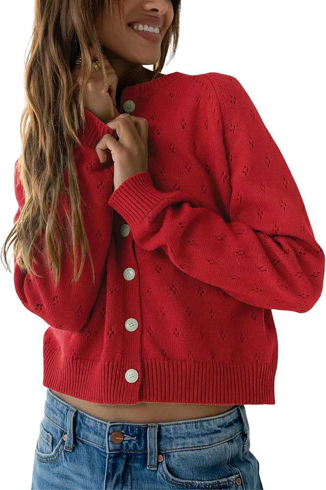 Hongsui Women's Casual Solid Color Sweater Crewneck Button Down Cardigan Hollow Out Ribbed Knit T... | Amazon (US)