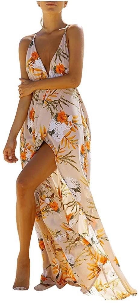 BerryGo Women's Sexy Deep V Neck Backless Floral Print Split Maxi Party Dress, vacation outfits | Amazon (US)