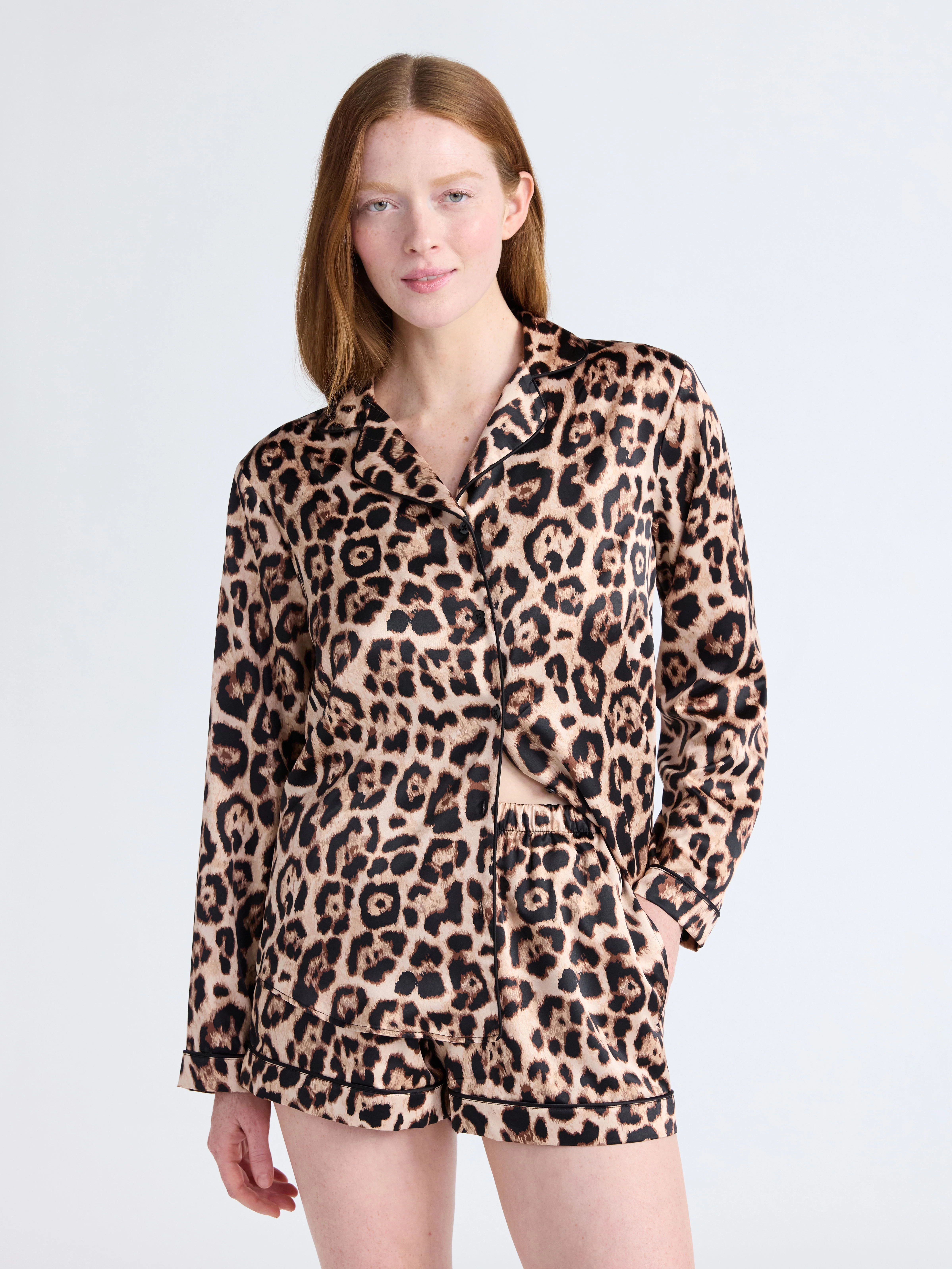 Joyspun Women's 2 Piece Stretch Satin Long Sleeve Notch Pajama Set with Shorts, XS-3X | Walmart (US)