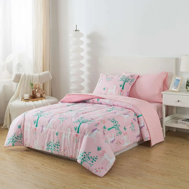 Your Zone Glow in the Dark 5-Piece Pink Unicorn Bedding Set for Kids with Fabric Storage Bag, Twi... | Walmart (US)