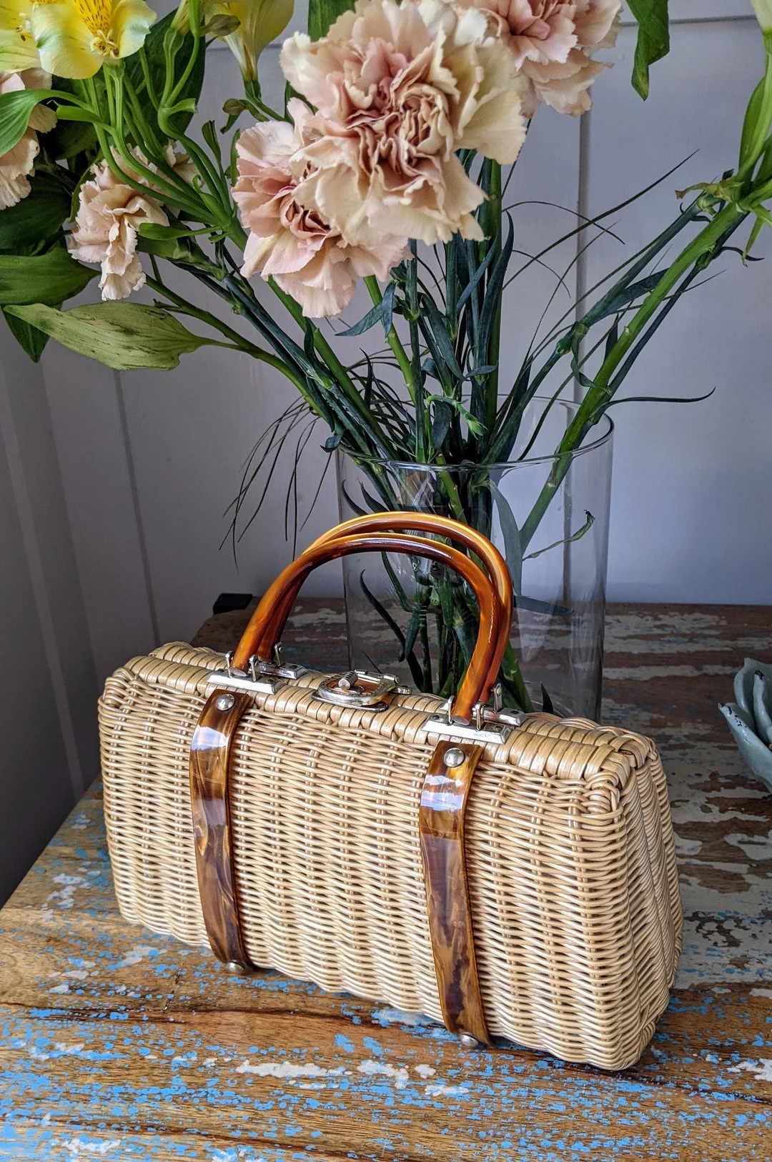 Vintage 50's Vinyl Wicker and Lucite Handbag, Mid Century Vintage Structured Bag, Made in British... | Etsy (US)