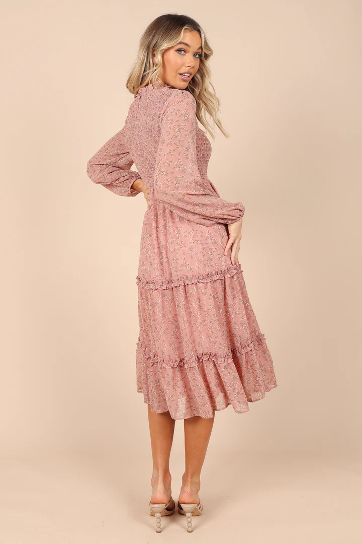 Edwina Shirred Frill Long Sleeve Midi Dress - Blush Floral | Petal & Pup (US)