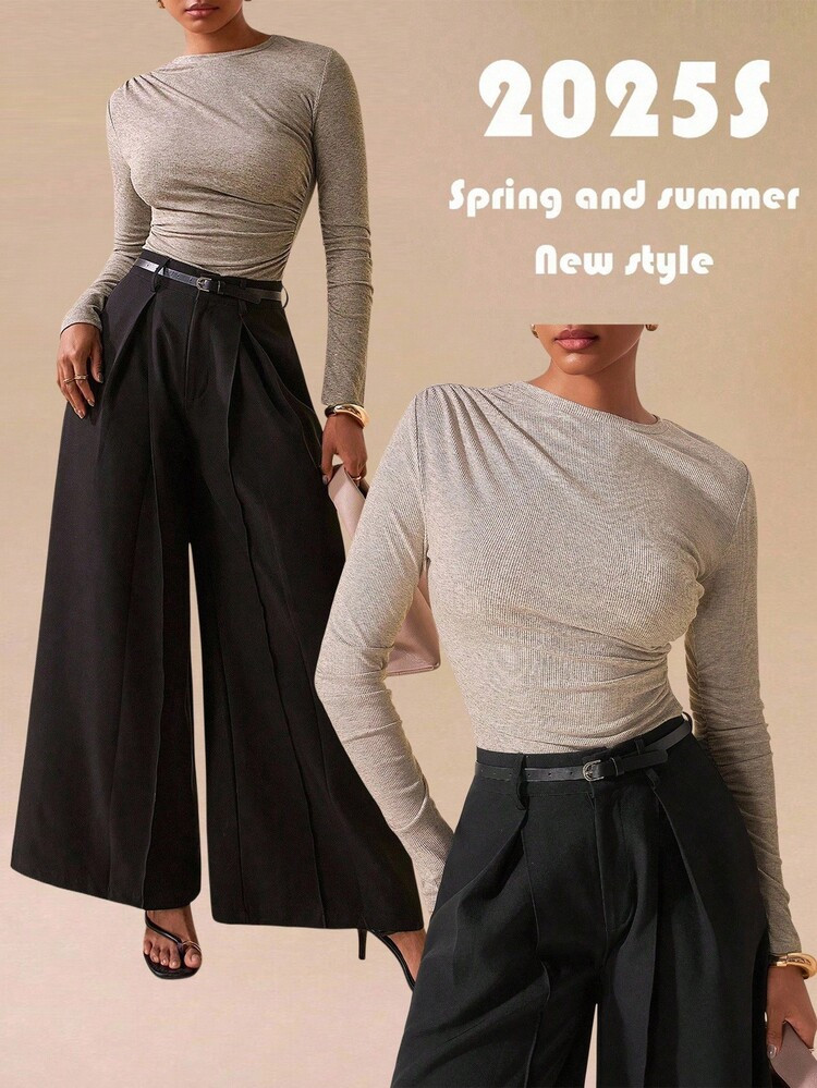 Zivah 2025 Autumn And Winter New Casual Elegant Commuter Khaki Side Pleated Slim Long-Sleeved Women T-Shirt, Daily Travel, Shopping, Commuting, Vacation, Casual, Elegance, Festivals, Dating, Graduation, Brunch Wear, Airport Wear | SHEIN