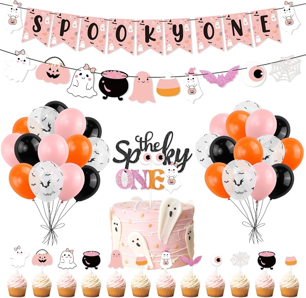 Girl Halloween 1st Birthday Party Decor Halloween Spooky One Banner Cute Ghost Cake Topper Balloo... | Amazon (US)