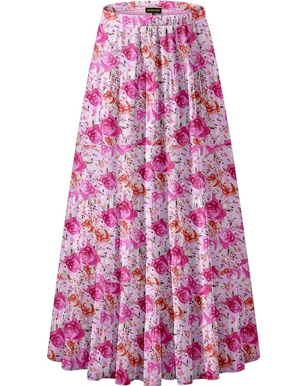 NASHALYLY Women's Chiffon Elastic High Waist Pleated A-Line Flared Maxi Skirts | Amazon (US)