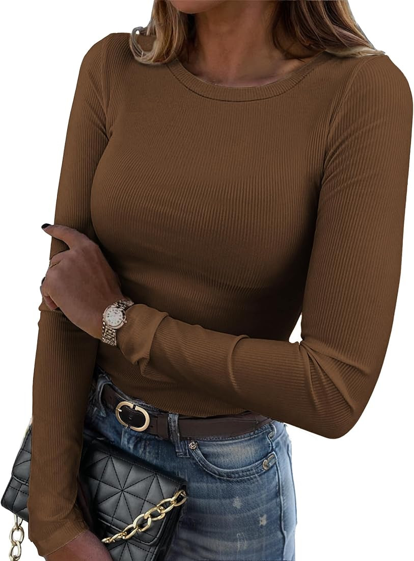 Zeagoo Womens Long Sleeve Stretch Crewneck Ribbed T-Shirt Slim Fit Casual Basic Tops S-XXL | Amazon (US)