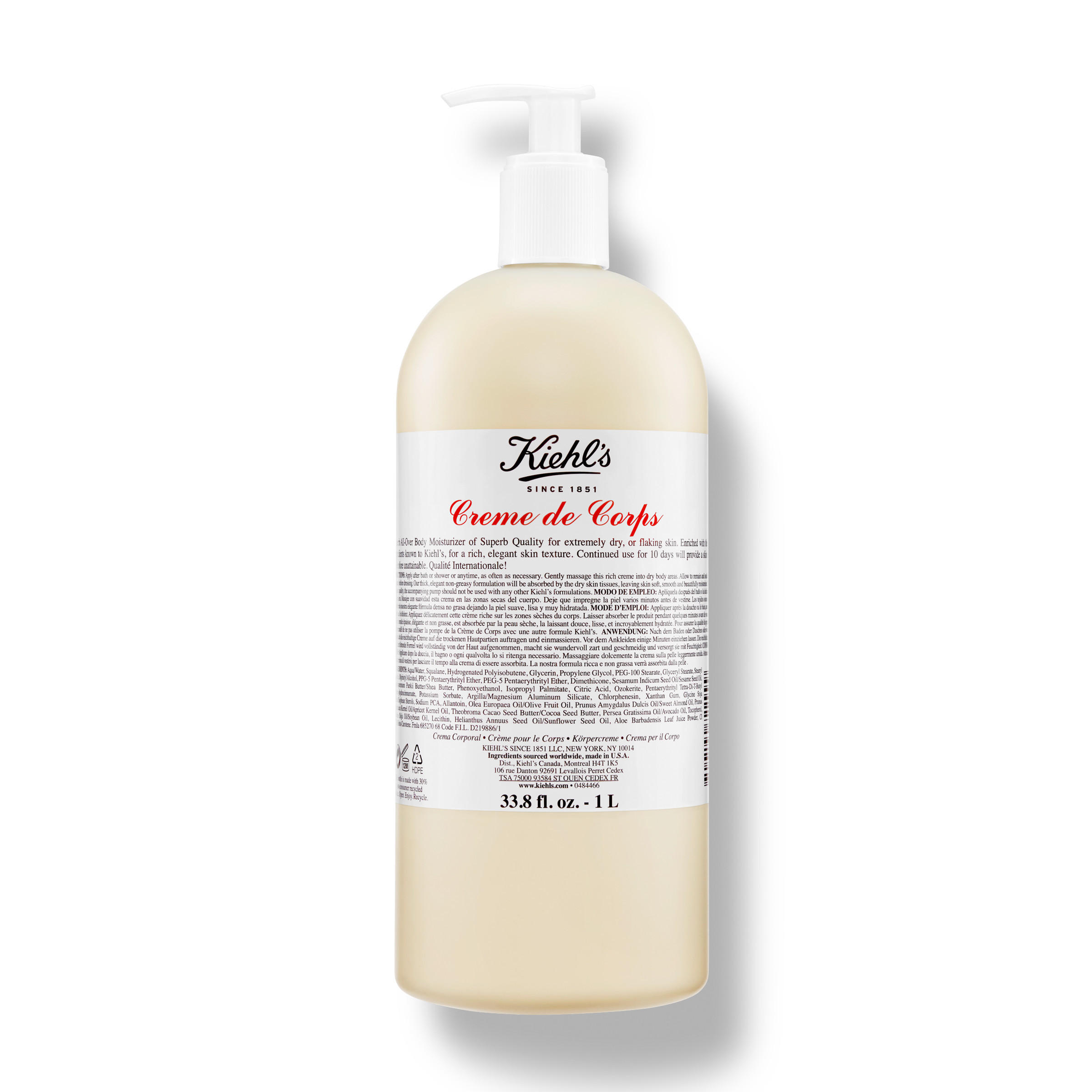 Kiehl's Creme de Corps Refillable Body Lotion with Cocoa Butter | 33.8 fl oz/1 L Pump | Kiehl's