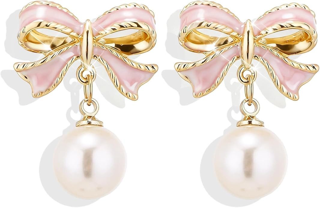 Bow Earrings for Women Trendy Stuff Cute Bow Pearl Drop Dangle Earrings Bowknot Stud Prom Wedding... | Amazon (US)