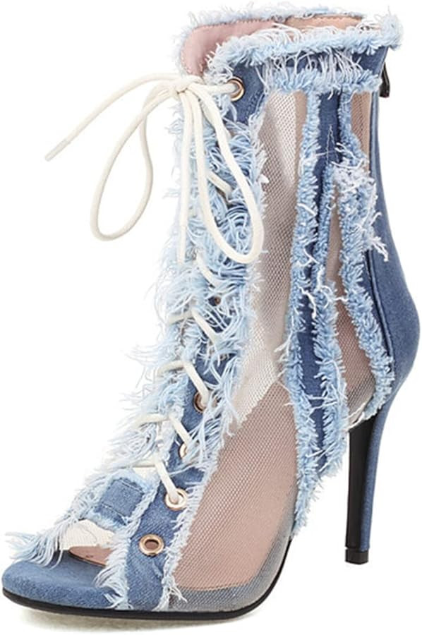 Vujkliy 9.5CM/3.74IN Women's Denim Stitching Mesh Open Toe Stiletto Sandal Booties Lace-Up Summer... | Amazon (US)