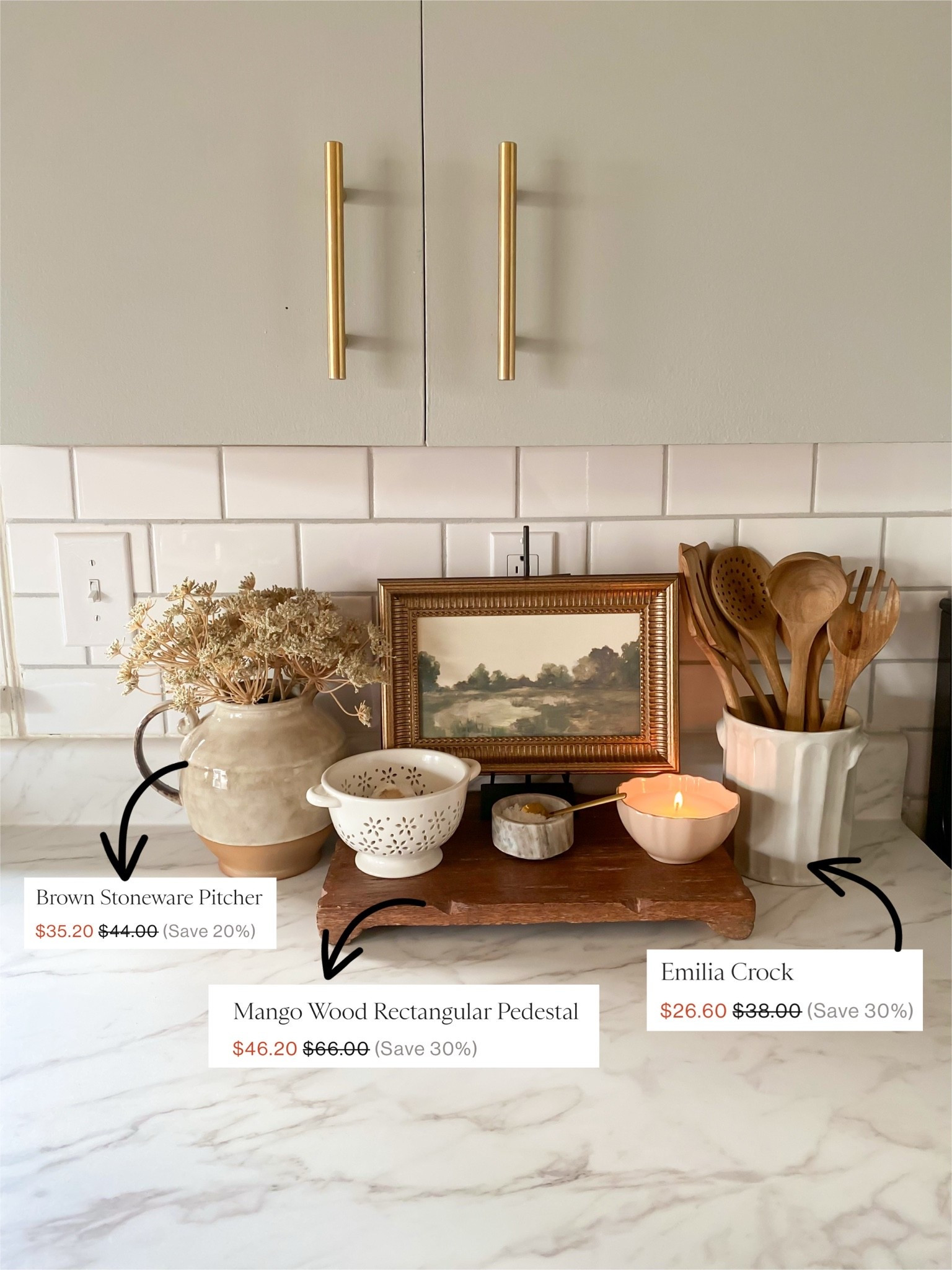 Kitchen countertop styling idea 🤎 McGee & Co Memorial Day Sale ✨ wooden pedestal, ceramic pitcher, utensil holder, crock, wooden spoons, organic modern kitchen

#LTKSaleAlert #LTKHome #LTKSeasonal