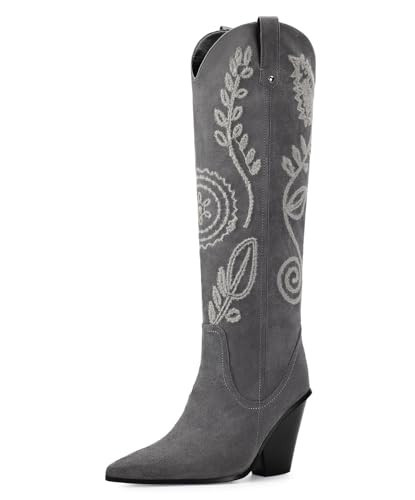 ISNOM Women's Cowboy Boots Knee High - Grey Suede Western Cowgirl Boots With Chunky Heels | Amazon (US)