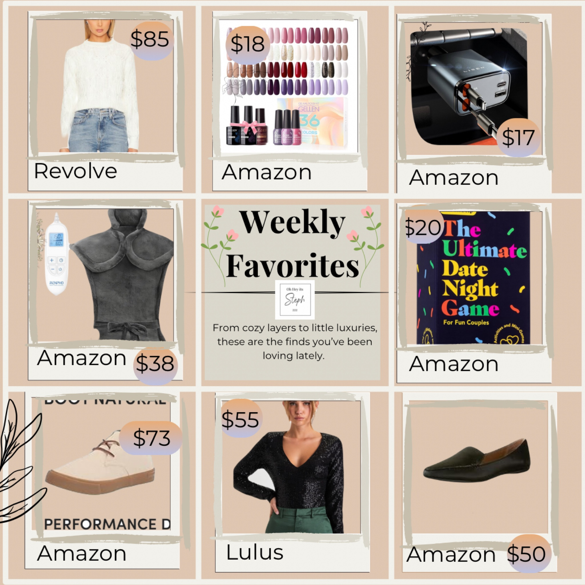 Weekly favorites are here! 🤍✨ From cozy layers to little luxuries, these are the finds I’ve been loving lately:

🖤 Chic & comfy: White Revolve sweater + Lulus sequin bodysuit
💅 Beauty must-have: Amazon gel nail polish
🚗 Essentials: Amazon car charger & back massager
🎲 Fun & games: A new Amazon favorite
👞 Style for all: Men’s chukka boots + women’s loafers

Which one’s your fave? Shop them all now! #WeeklyFavorites #AmazonFinds #StyleAndComfort

#LTKFindsUnder50 #LTKSaleAlert #LTKSeasonal